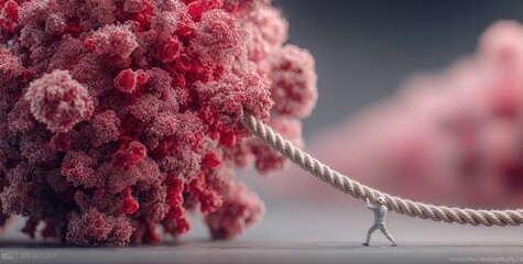 Tiny figure pulls a rope tied to a large, textured, pink cluster