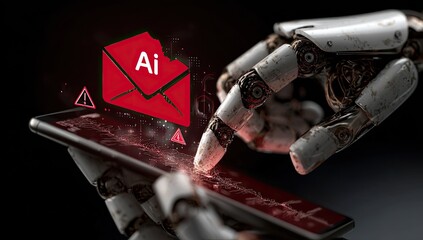 Robotic hand interacts with a smartphone, displaying a red AI email alert