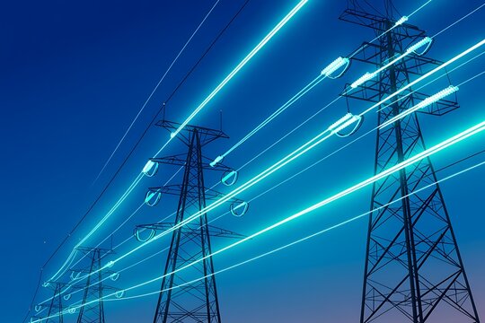 High-voltage power lines at twilight, vibrant teal energy streaks, futuristic electricity transmission infrastructure.