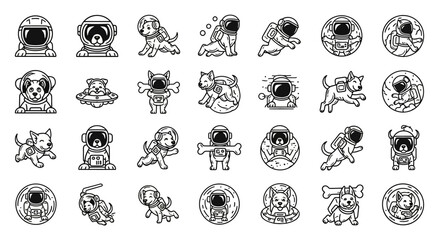 Collection of whimsical dog astronaut illustrations in various poses and contexts © jas