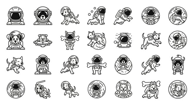 Collection of whimsical dog astronaut illustrations in various poses and contexts