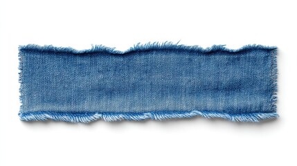 Blue denim fabric strip with frayed edges on a white background for textile design, fashion applications, and creative projects in various styles