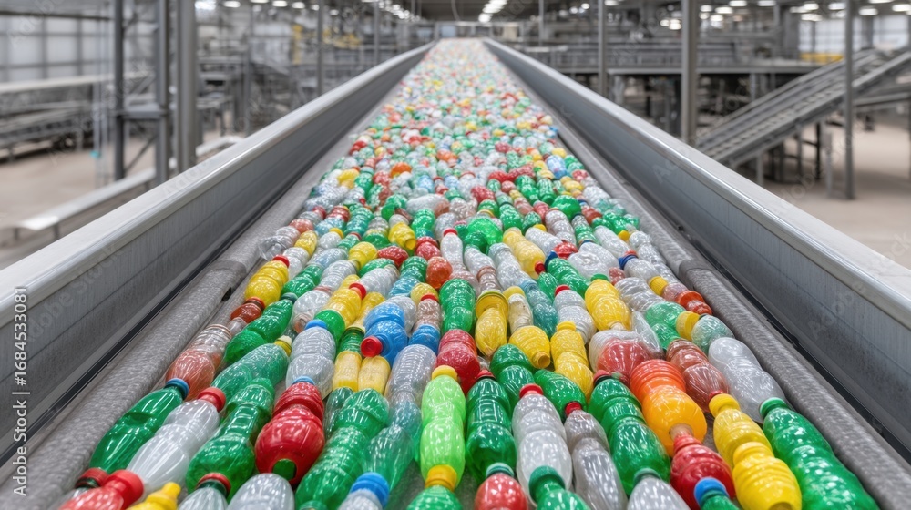 Poster colorful bottles moving on conveyor belt in recycling facility with modern machinery and efficient s