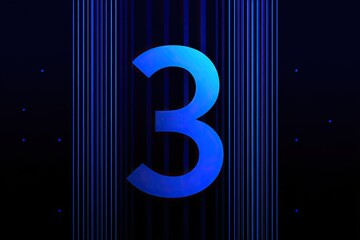 Abstract digital display of the number three, backlit with glowing blue lines on a dark background