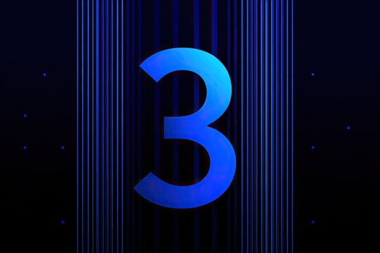 Abstract digital display of the number three, backlit with glowing blue lines on a dark background