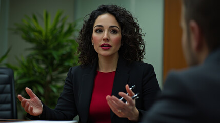 Businesswoman in red blouse and black blazer speaking confidently in office meeting