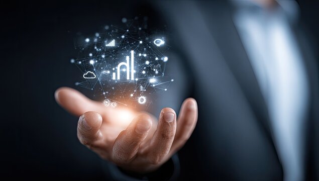 Hand holding digital icons, business data visualization