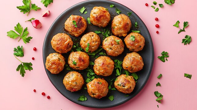 Fried meatballs in style on stone board on pink background