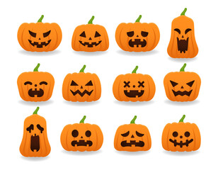 Gradient orange pumpkin set with 12 carved expressions like smiling, angry, sad, and shocked. Ideal for Halloween posters, party decorations, stickers, and digital artwork.