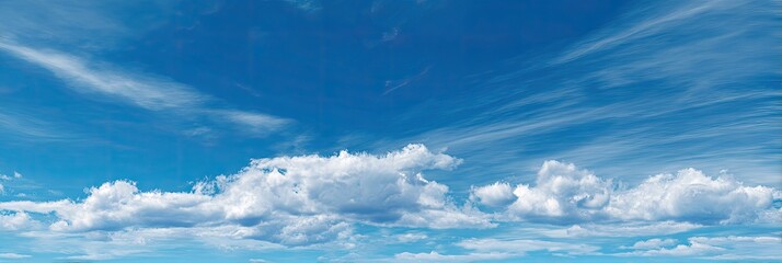 A vast expanse of a vibrant blue sky, dotted with fluffy white cumulus clouds and wispy cirrus clouds