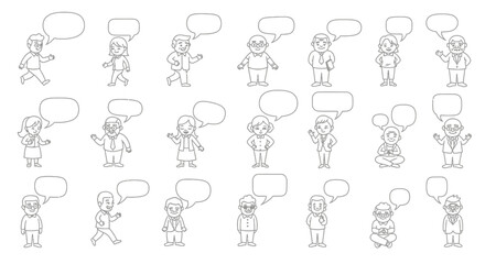 Diverse individuals with speech bubbles offering communication options and vector templates for