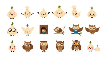 Playful cartoon illustration showcasing whimsical garlic and owl character designs