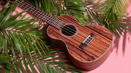 Ukulele on pink background surrounded by palm leaves.