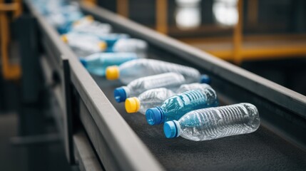 Plastic bottles moving along conveyor belt in recycling facility showcasing waste management and environmental sustainability practices