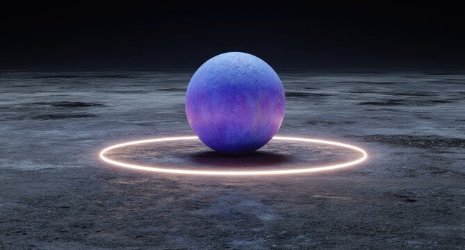 A vibrant blue sphere rests on a dark, textured plane, encircled by a glowing ring - Powered by Adobe