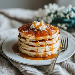 A stack of golden pancakes topped with butter and a drizzle of maple syrup, served on a white plate.