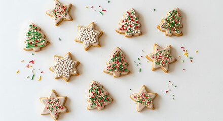 Christmas cookies arranged on white background.