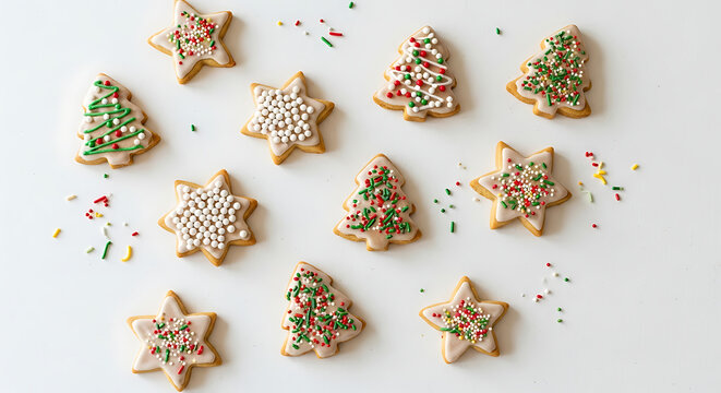 Christmas cookies arranged on white background.