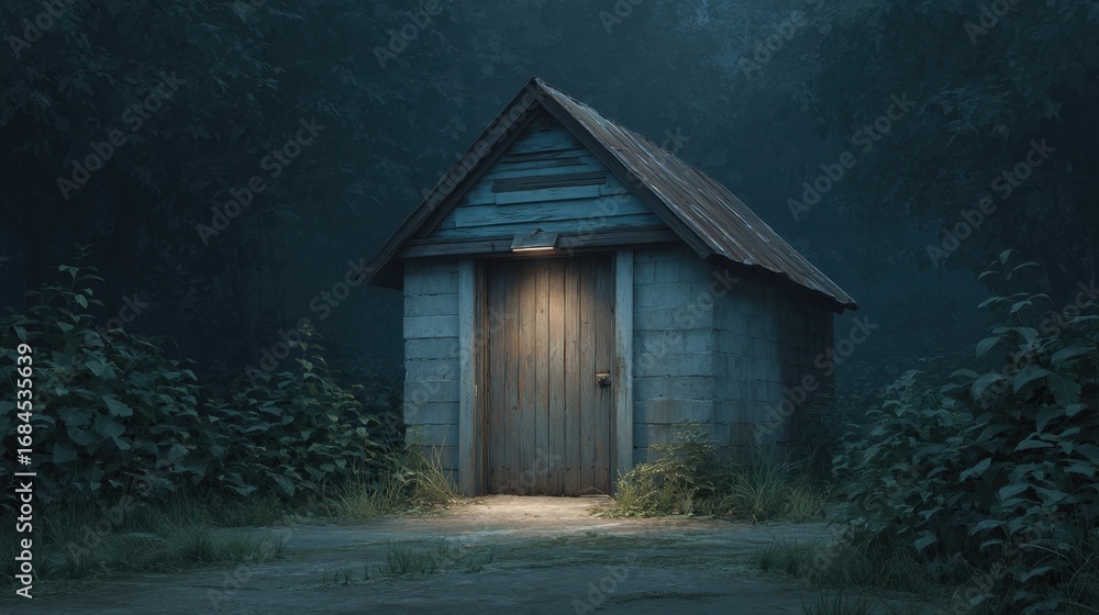 Poster mysterious small cabin illuminated at night surrounded by dense fog and lush greenery in a serene fo