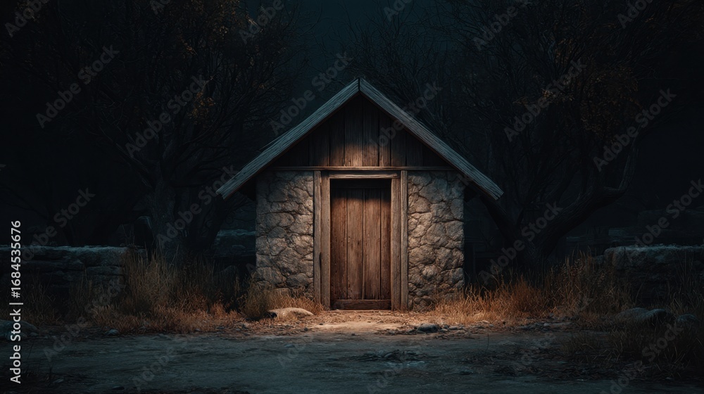 Poster a mysterious stone cottage surrounded by dark trees and overgrown grass illuminated by a warm glow i
