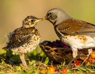 Fieldfare feeding chick/meadow/autumn