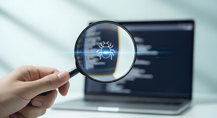 Hand holding magnifying glass, over laptop screen, displaying code and a bug icon, for software debugging process