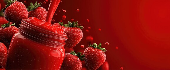 Vibrant red strawberries and juice in a mason jar