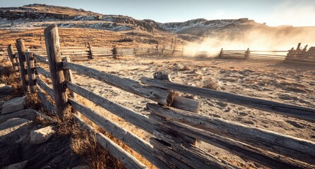 Rustic wooden fence in a sunlit, arid landscape
