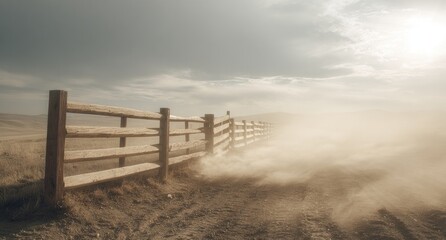 Dusty rural landscape with wooden fence