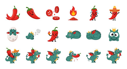 Charming chili peppers and adorable dragons in playful poses create a whimsical illustration