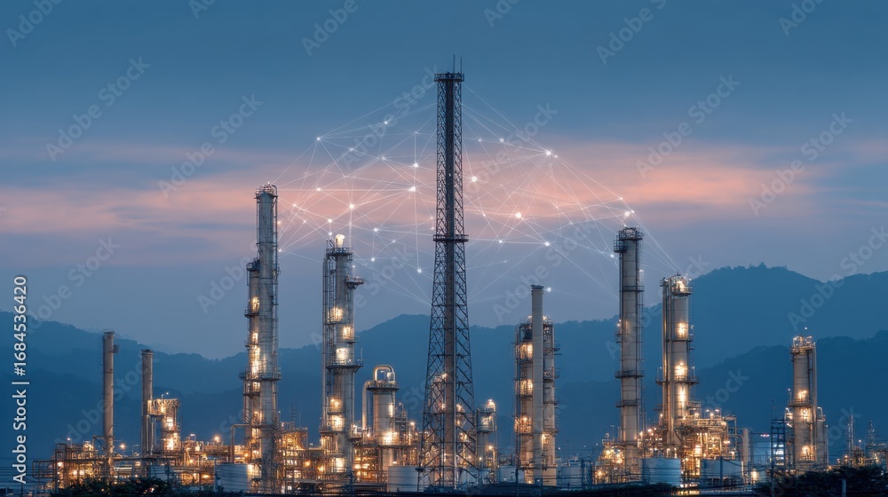 Poster modern industrial complex at dusk with illuminated towers and network nodes representing connectivit