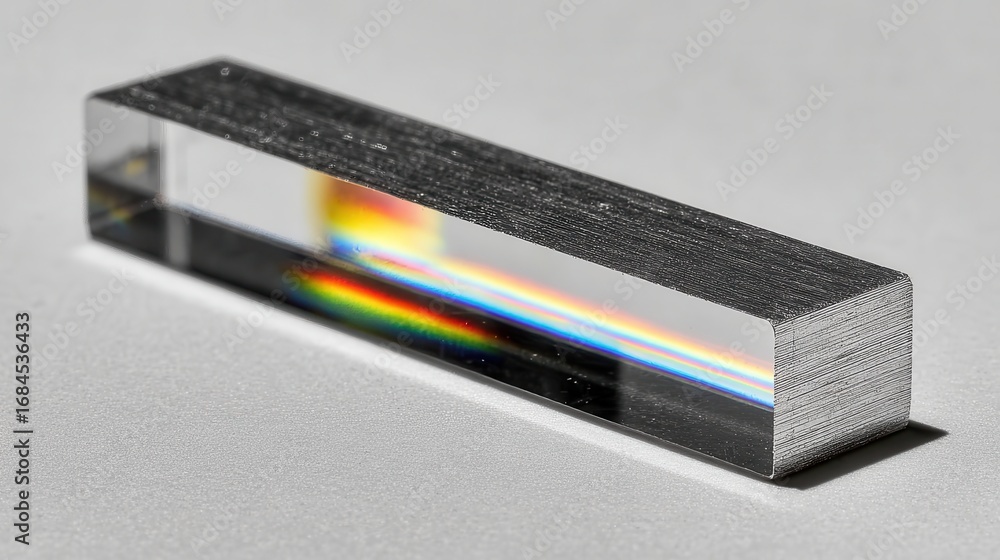 Poster close up view of a rectangular prism of transparent material exhibiting a vibrant spectrum of colors