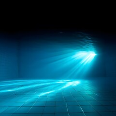 Submerged Underwater Pool Tiles: Serene Blue Light Beams, Dark Moody Atmosphere, Abstract Background