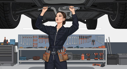 Obraz premium Dedicated woman automobile mechanic repairs a car in her automotive workshop