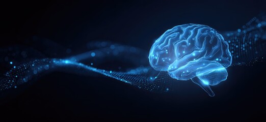3D rendering of a glowing blue brain, overlaid with a dark abstract network