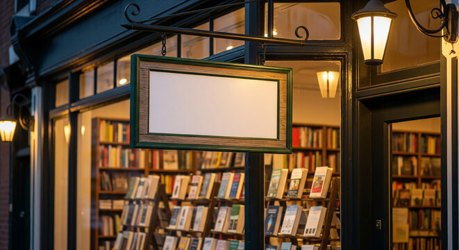Charming bookstore exterior at night with illuminated windows displaying books and a blank sign.