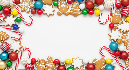 A festive Christmas border with gingerbread cookies, candy canes, and colorful ornaments on a white background, perfect for holiday greetings.