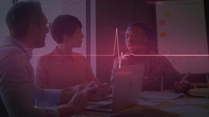 Animation of cardiograph over diverse business people using laptop - Powered by Adobe