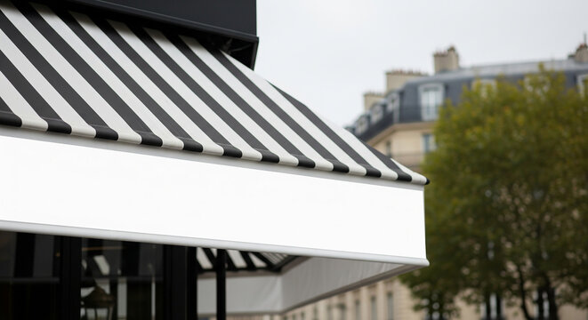 A black and white striped awning extends over a shop entrance in a European city, with classic buildings and trees in the background.