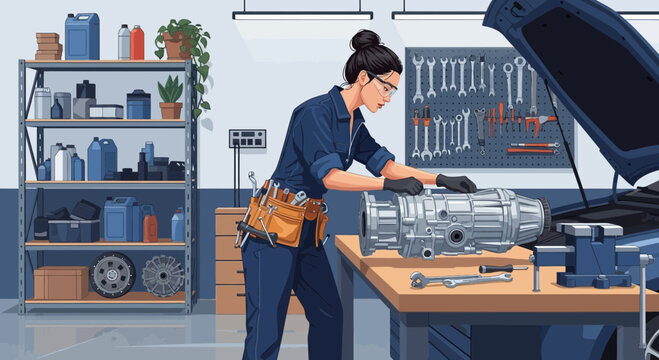 Empowered female mechanic repairs transmission in an automotive workshop scene - Powered by Adobe