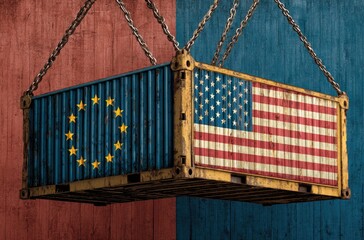 Two shipping containers, one with EU flag, the other with US flag, suspended by chains against a backdrop of two different colored walls