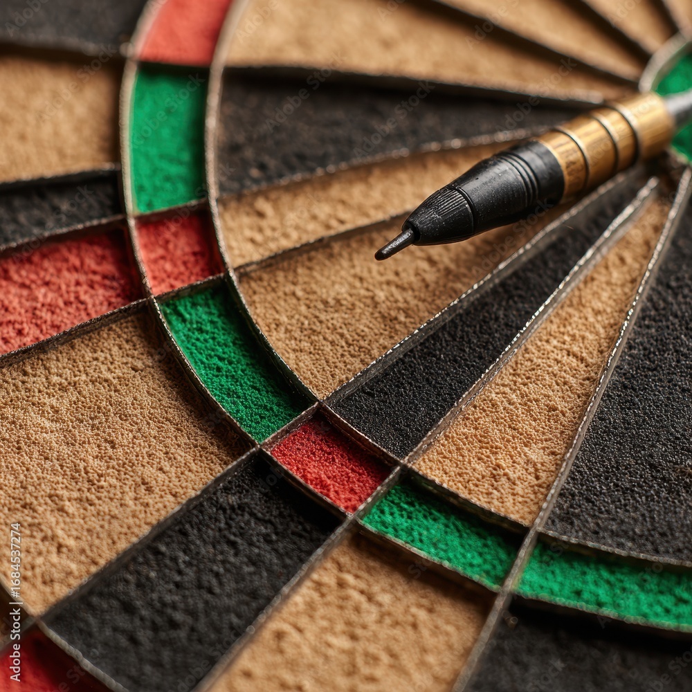 Poster close up of a dart hitting the bullseye on a dartboard. the dartboard has a textured surface and is 