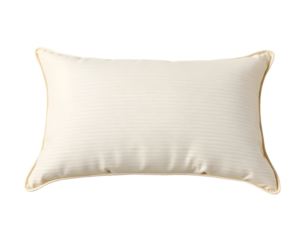 Cream-colored rectangular pillow with gold trim on a transparent background