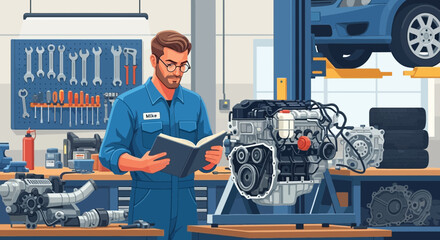 Focused auto mechanic studies manual in bright workshop, car repair expertise