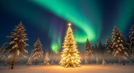 A beautifully decorated Christmas tree glows brightly in a snowy forest under the mesmerizing spectacle of the Aurora Borealis.
