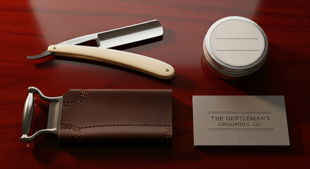 A collection of traditional men's grooming tools including a straight razor, leather strop, shaving cream, and a business card, arranged on a polished wooden surface.