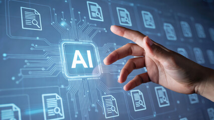 Touching AI innovation with futuristic interface and data icons