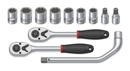 Illustration featuring a collection of socket wrenches and related accessories