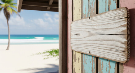 Blank wooden sign on a vibrant weathered wall overlooking a tropical beach with turquoise ocean and a palm tree.