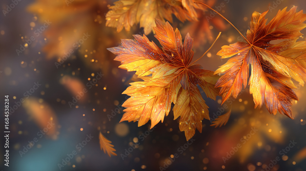 Poster a digitally painted image of autumn leaves with bokeh effect and a dark background